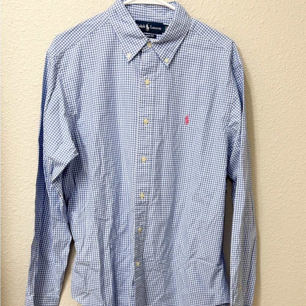Ralph Lauren Light Blue Gingham Men's Button Down Shirt Size Large